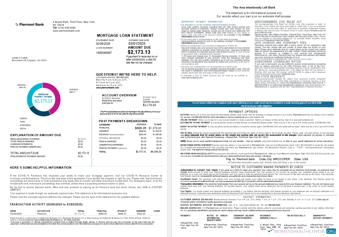 USA New York Piermont bank mortgage loan statement in Word and PDF formats , 4 pages 1 2